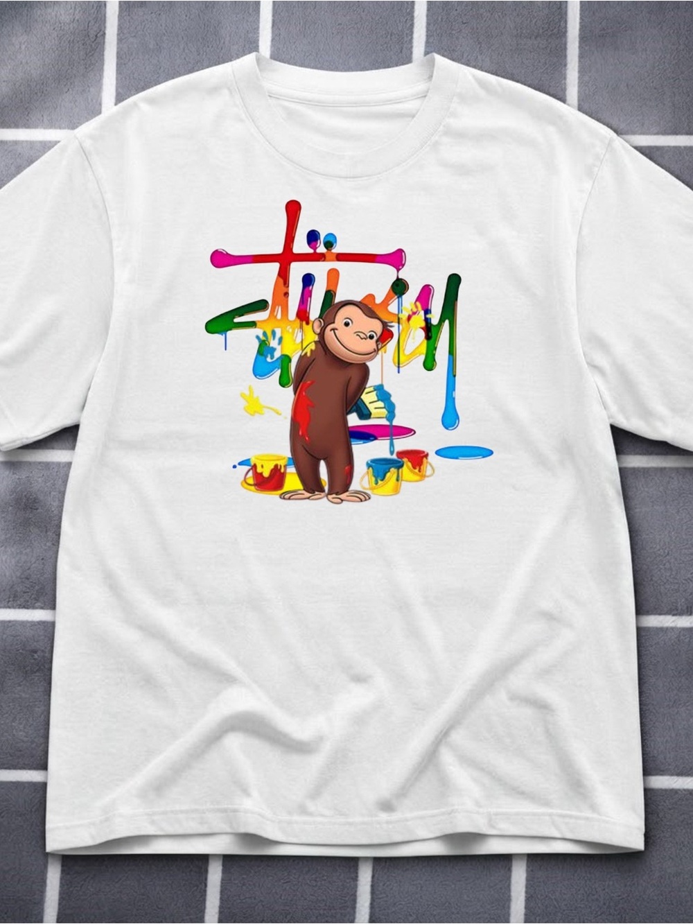 Gildan Curious Monkey Paint-Splash White T-Shirt